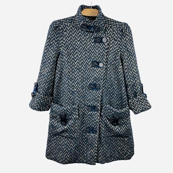 Diane Von Furstenberg Trente Wool/Mohair/Silk Navy Chevron Zigzag Coat Size 6 - Picture 7 of 12